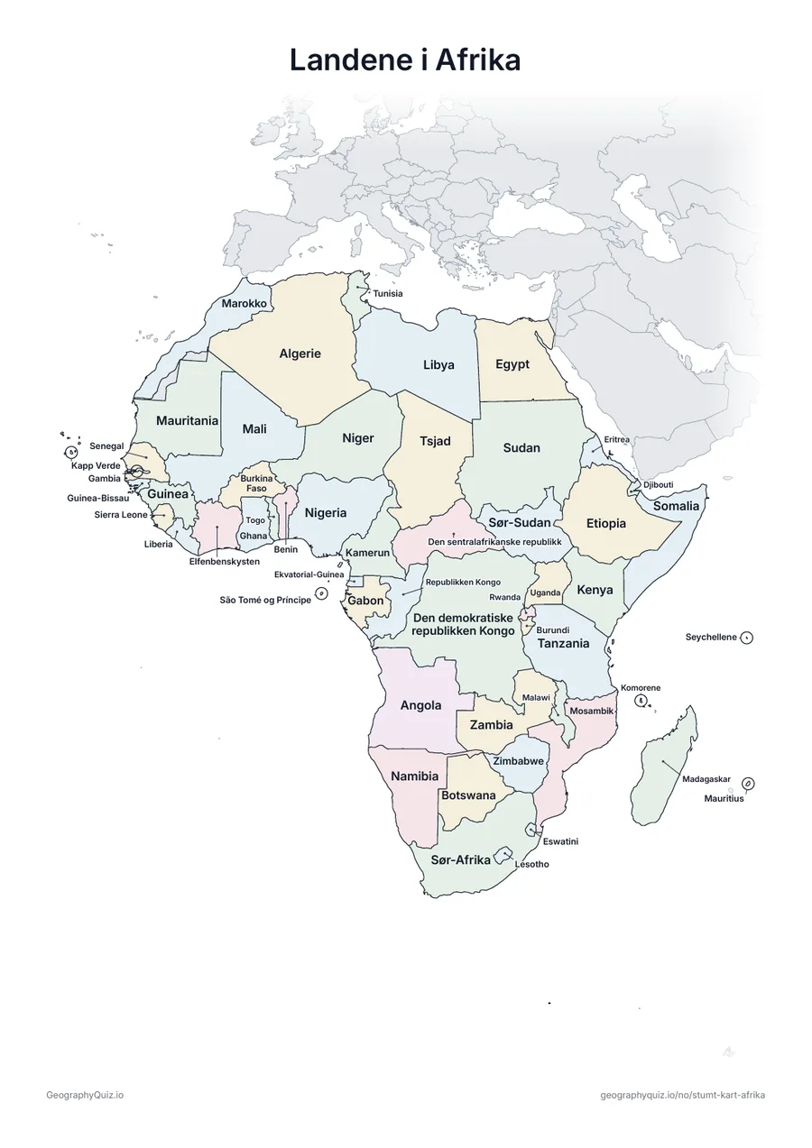 Forhåndsvisning av arbeidsarket «Landene i Afrika» til utskrift: Det samme kartet med navnene på alle 54 land – som oversiktsark, til repetisjon eller til å rette elevenes arbeid