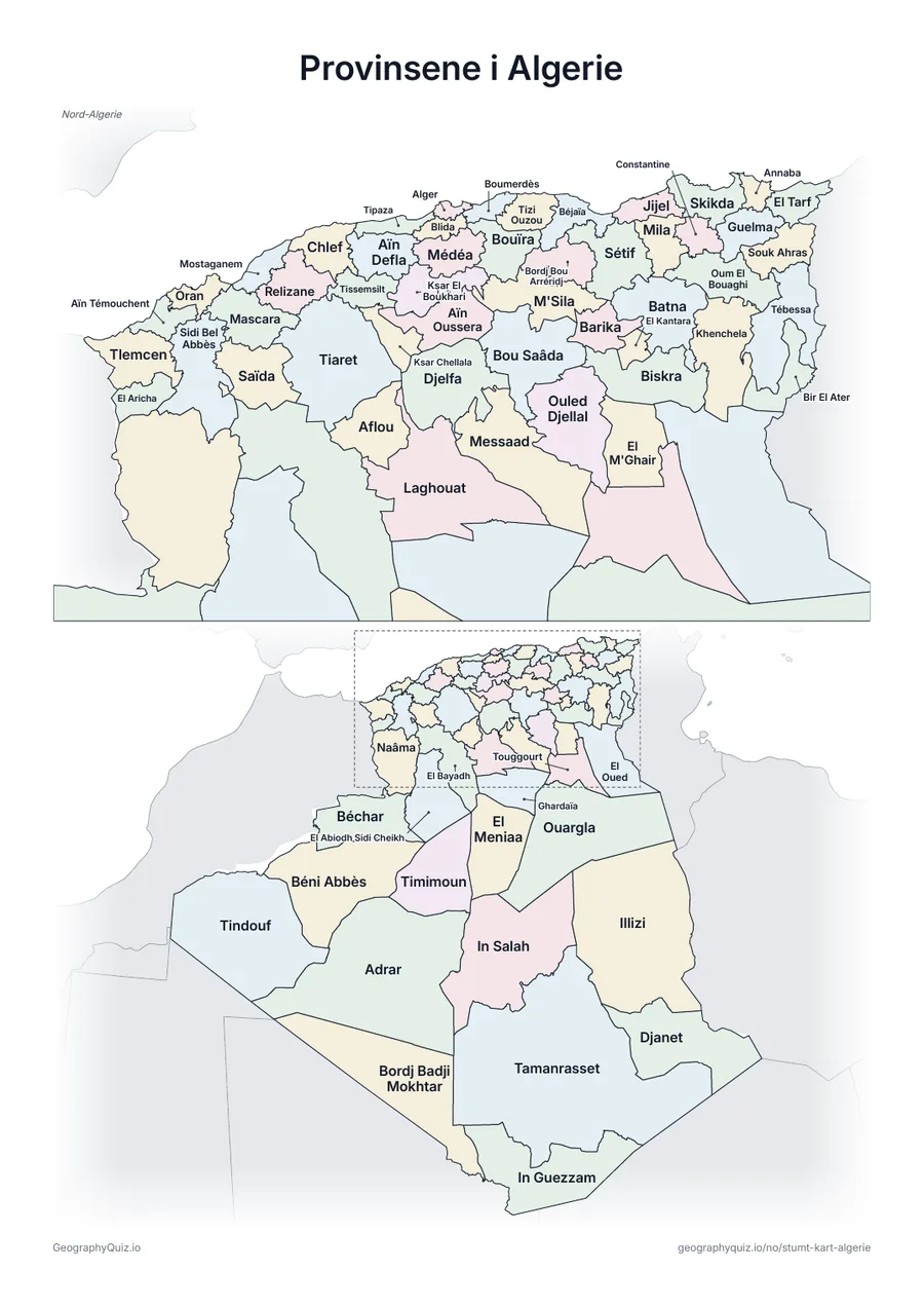 Forhåndsvisning av arbeidsarket «Provinsene i Algerie» til utskrift: Et kart over Algerie med alle navnene skrevet ut – et oversiktsark til undervisningen og til å rette svarene