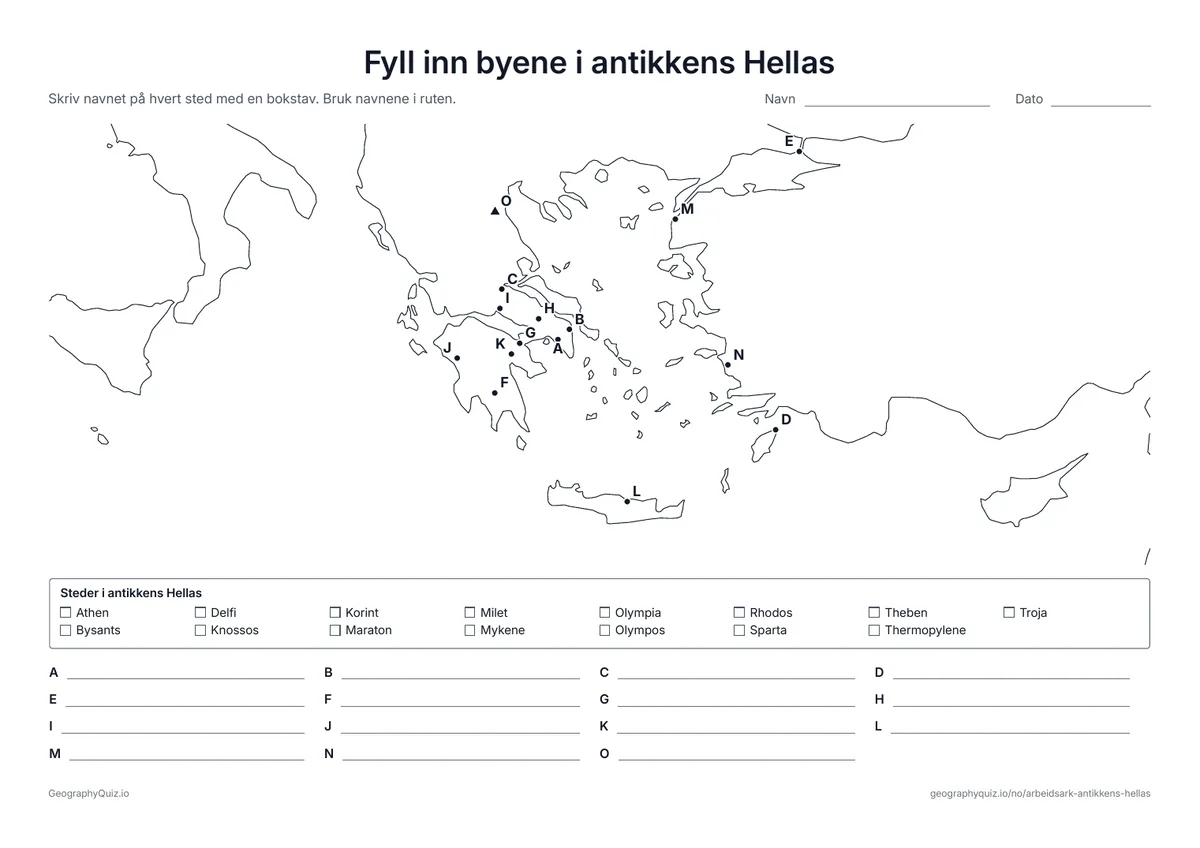 Forhåndsvisning av arbeidsarket «Fyll inn byene i antikkens Hellas» til utskrift: Femten bokstavsteder, fra Athen og Sparta til Marathon, Troja og Olympos