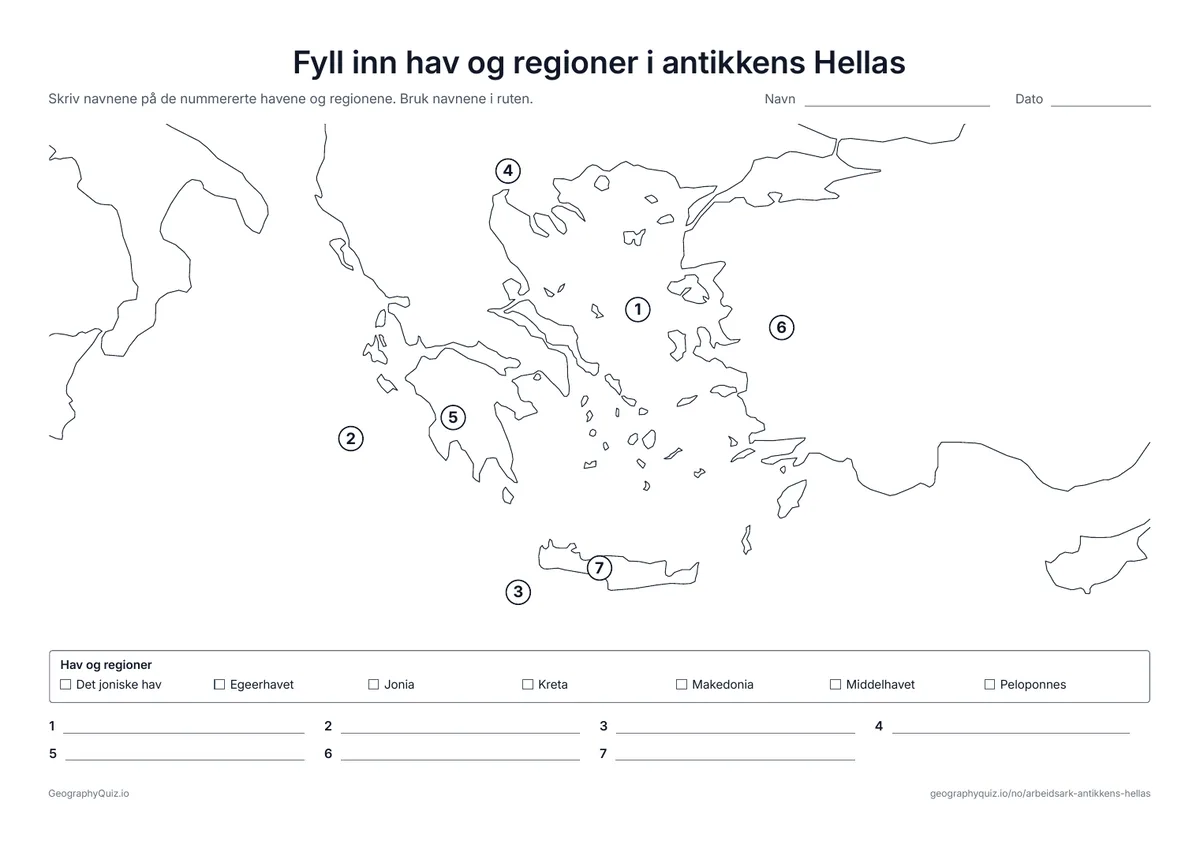 Forhåndsvisning av arbeidsarket «Fyll inn hav og regioner i antikkens Hellas» til utskrift: Egeerhavet, Det joniske hav og Middelhavet og Makedonia, Peloponnes, Jonia og Kreta skal navngis
