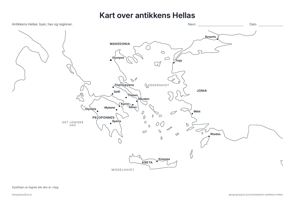 Forhåndsvisning av arbeidsarket «Kart over antikkens Hellas» til utskrift: Athen, Sparta, Marathon, Delfi, Olympia, Knossos, Troja og flere steder, med Olympos, havene og regionene