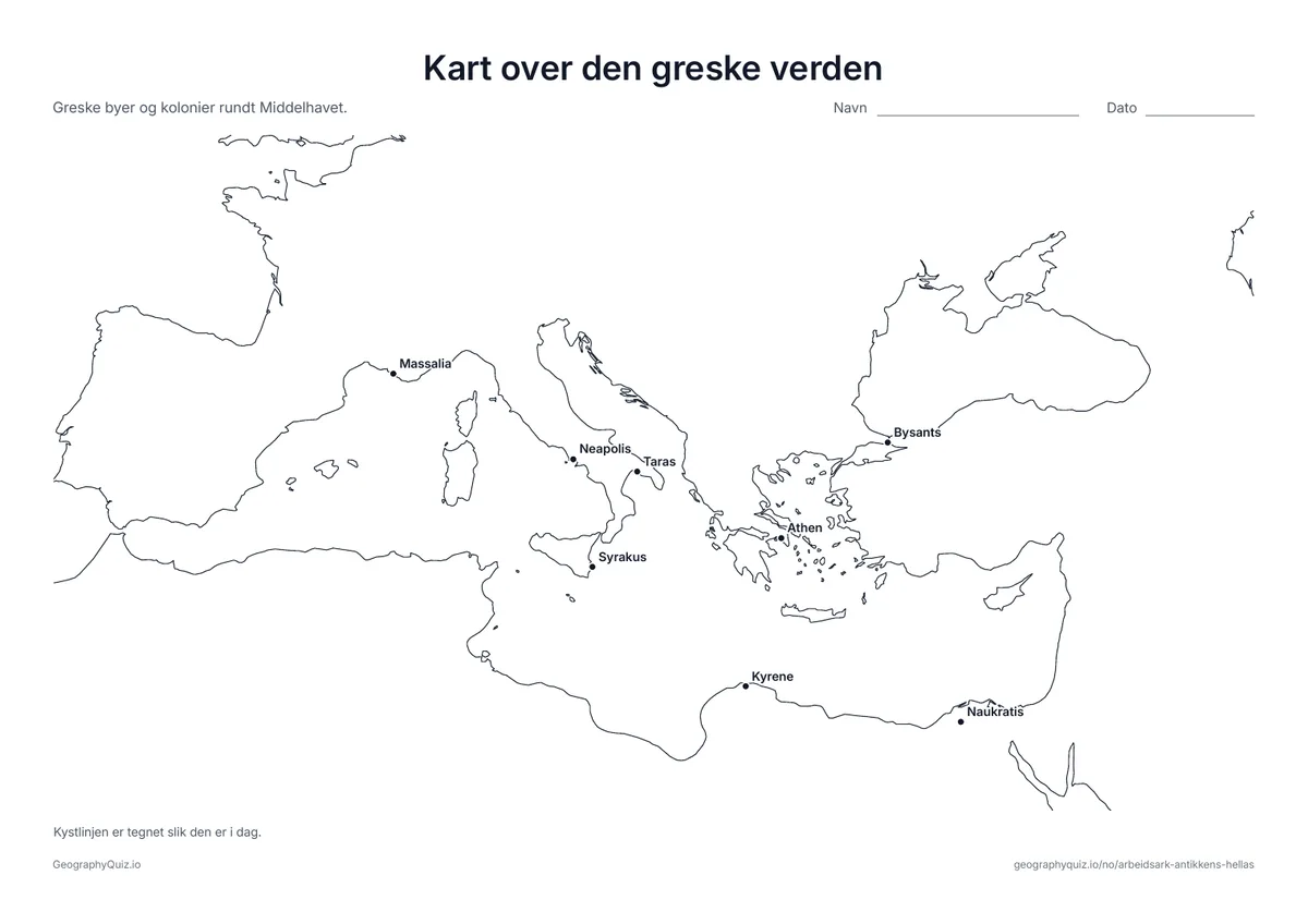 Forhåndsvisning av arbeidsarket «Kart over den greske verden» til utskrift: Greske byer og kolonier rundt Middelhavet, fra Massalia i vest til Byzantion i øst