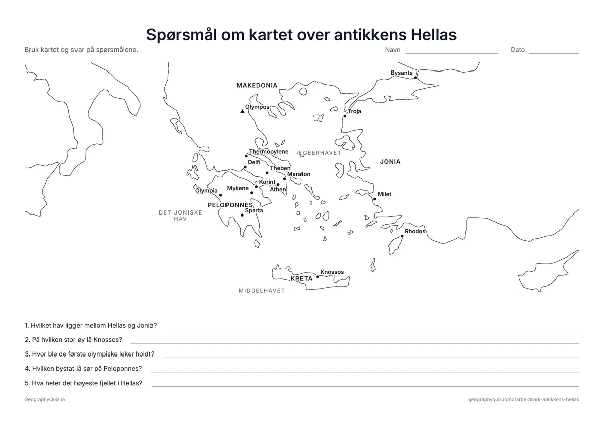 Forhåndsvisning av arbeidsarket «Spørsmål om kartet over antikkens Hellas» til utskrift: Et kart med navn og fem spørsmål om de olympiske leker, Sparta, Knossos, Olympos og Egeerhavet