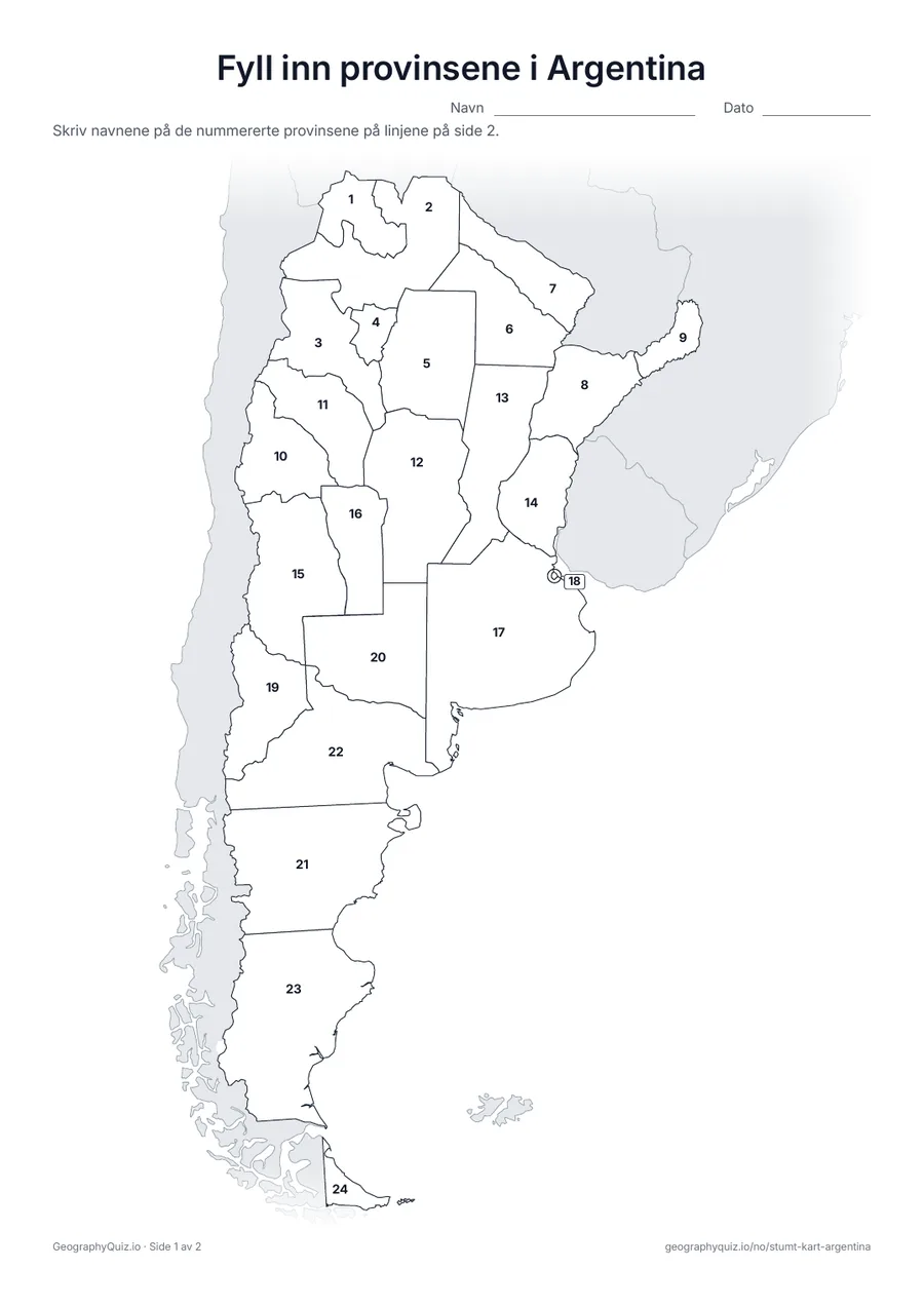 Forhåndsvisning av arbeidsarket «Fyll inn provinsene i Argentina» til utskrift: Alle 23 provinser og byen Buenos Aires er nummerert