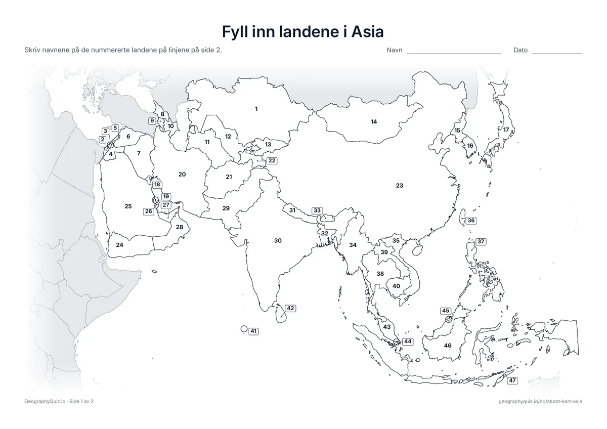 Forhåndsvisning av arbeidsarket «Fyll inn landene i Asia» til utskrift: Hvert land i Asia har et nummer