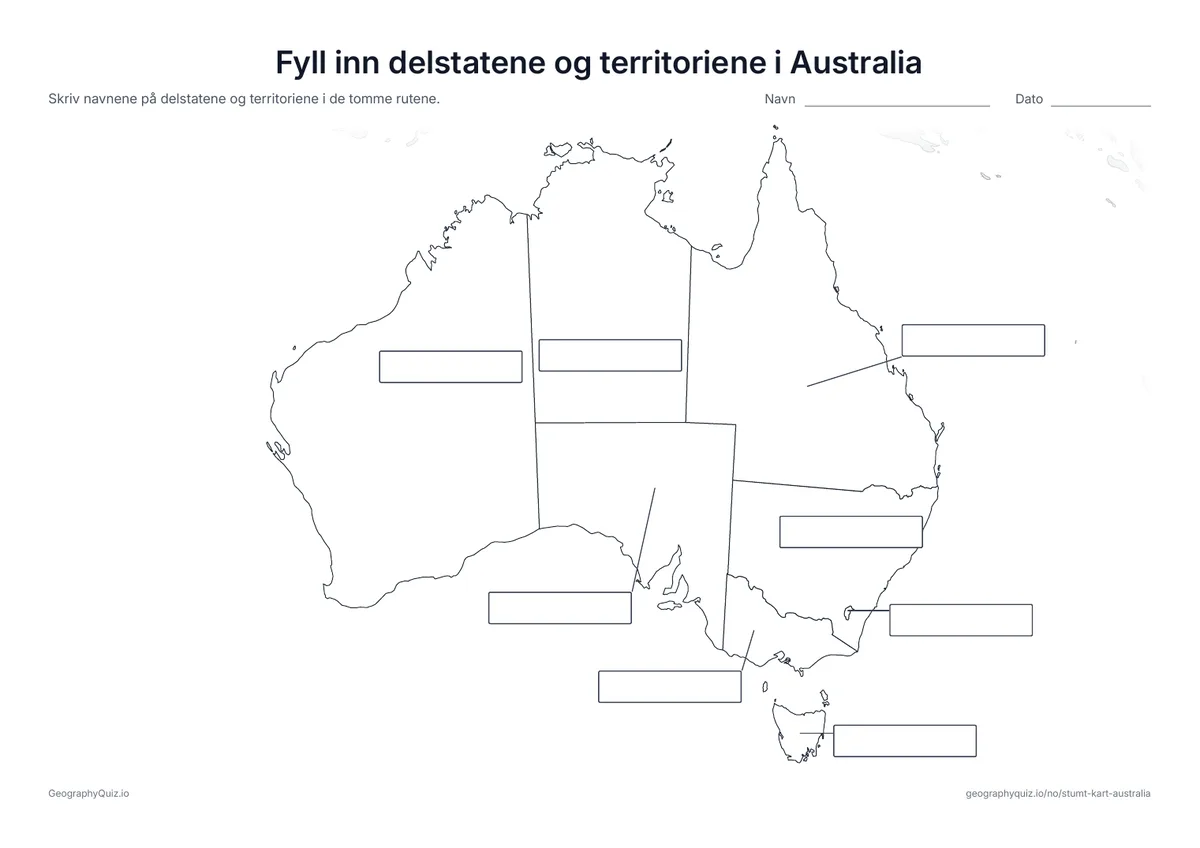 Forhåndsvisning av arbeidsarket «Fyll inn delstatene og territoriene i Australia» til utskrift: Alle seks delstater og to territorier er koblet med en strek til hver sin tomme svarrute, som på arket «Fyll inn verdensdelene» blant verdenskartene