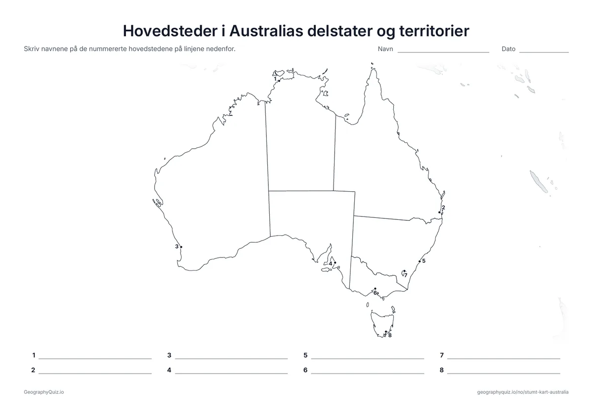 Forhåndsvisning av arbeidsarket «Hovedsteder i Australias delstater og territorier» til utskrift: Hver hovedstad er markert med et nummerert punkt