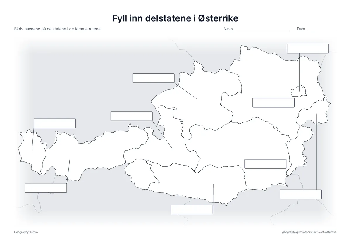 Forhåndsvisning av arbeidsarket «Fyll inn delstatene i Østerrike» til utskrift: Alle ni delstater er koblet med en strek til hver sin tomme svarrute, som på arket «Fyll inn verdensdelene» blant verdenskartene