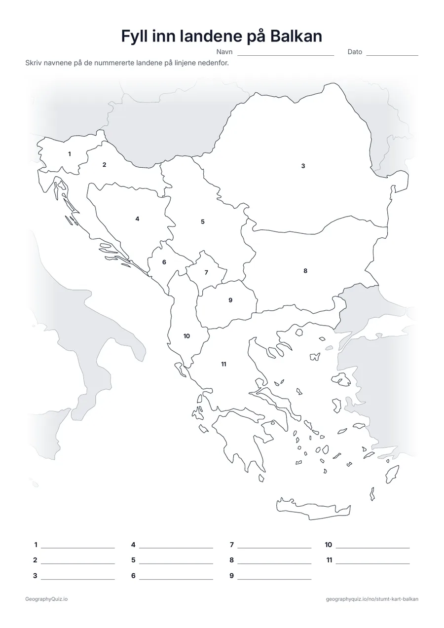Forhåndsvisning av arbeidsarket «Fyll inn landene på Balkan» til utskrift: Alle elleve land er nummerert