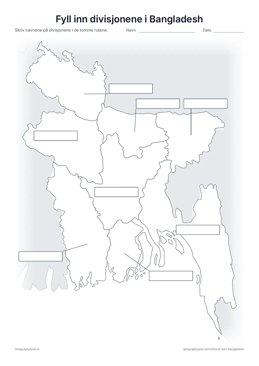 Forhåndsvisning av arbeidsarket «Fyll inn divisjonene i Bangladesh» til utskrift: Alle åtte divisjoner er koblet med en strek til hver sin tomme svarrute, som på arket «Fyll inn verdensdelene» blant verdenskartene