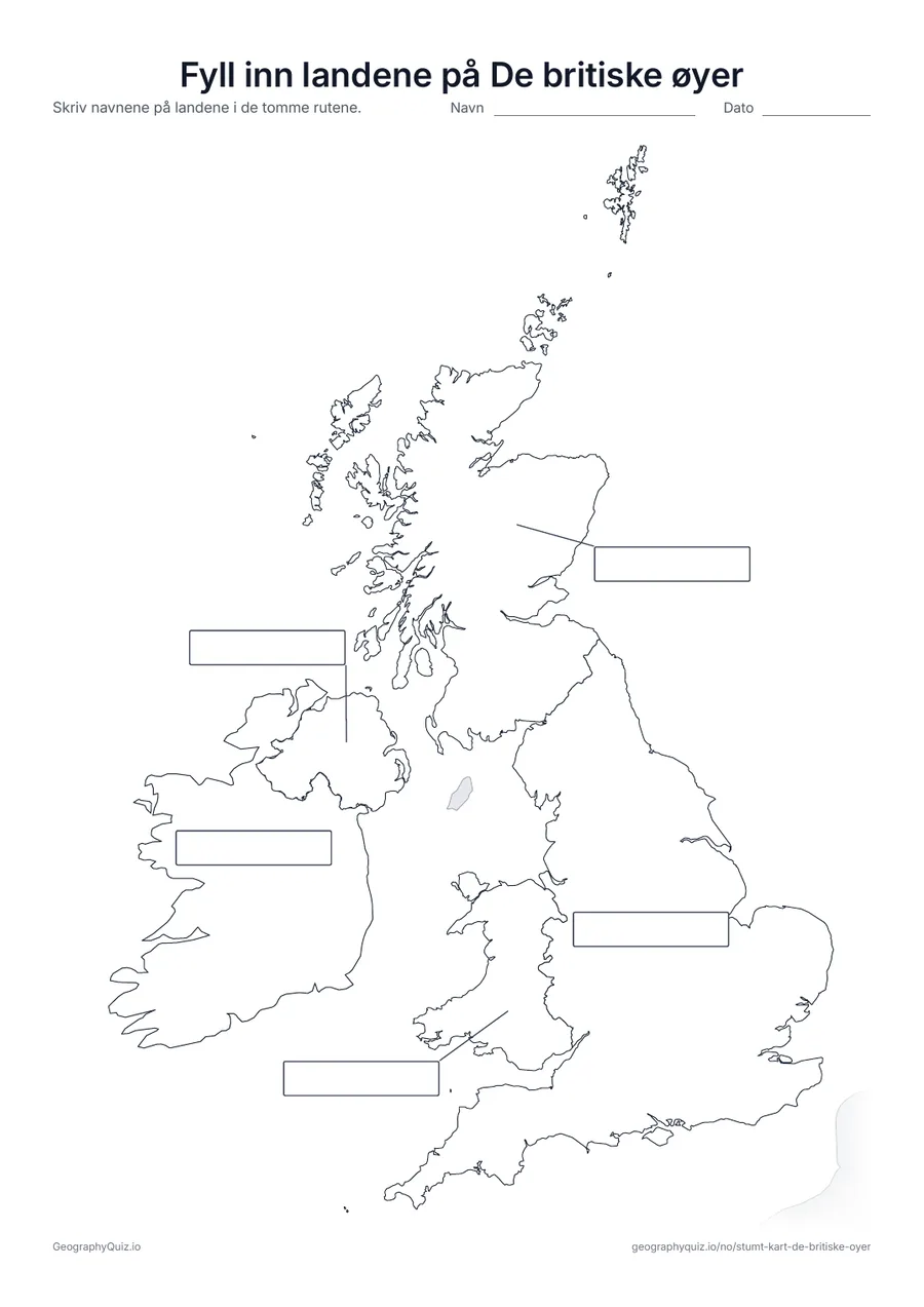 Forhåndsvisning av arbeidsarket «Fyll inn landene på De britiske øyer» til utskrift: Alle fem land er koblet med en strek til hver sin tomme svarrute, som på arket «Fyll inn verdensdelene» blant verdenskartene