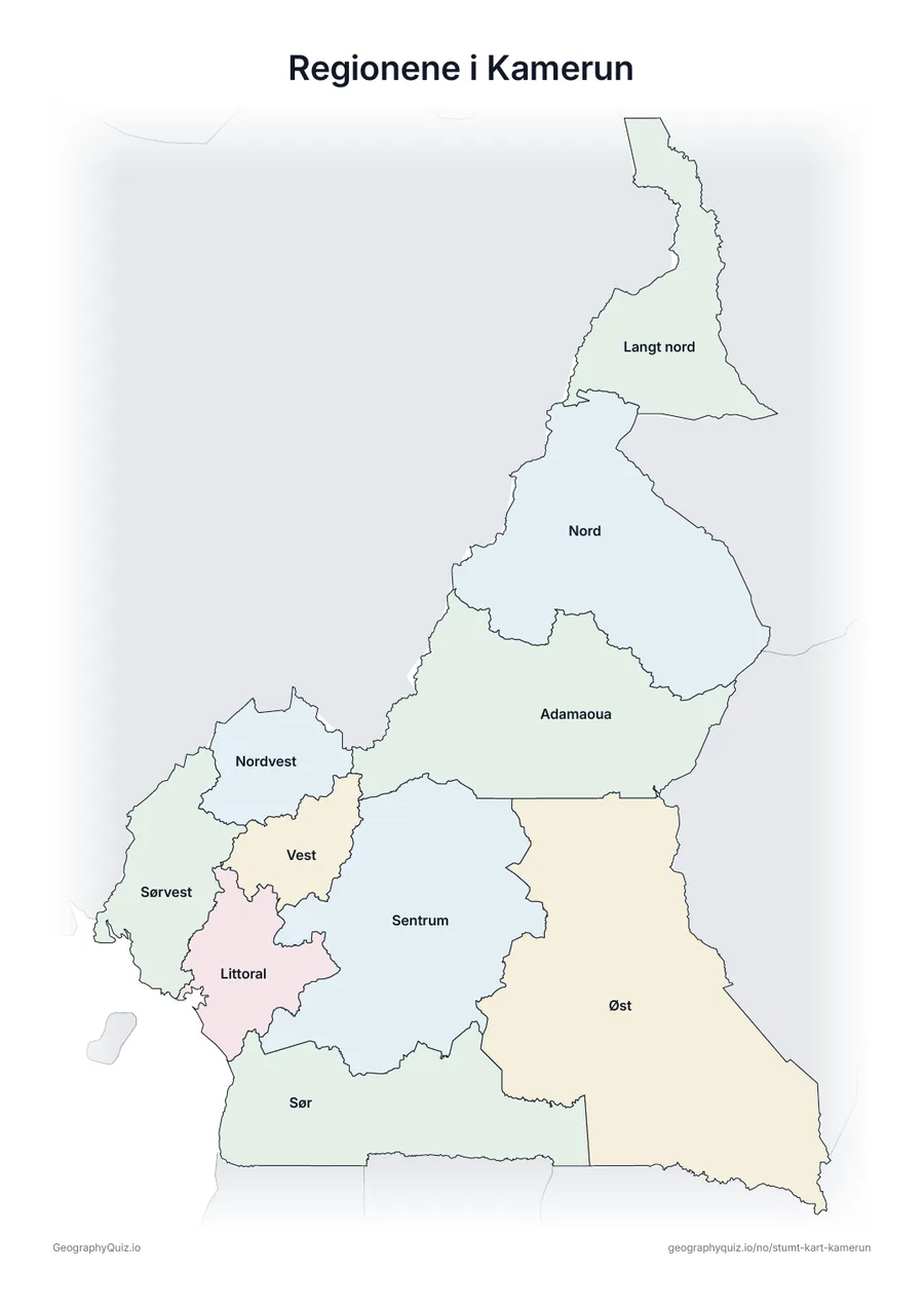 Forhåndsvisning av arbeidsarket «Regionene i Kamerun» til utskrift: Et kart over Kamerun med alle navnene skrevet ut – et oversiktsark til undervisningen og til å rette svarene