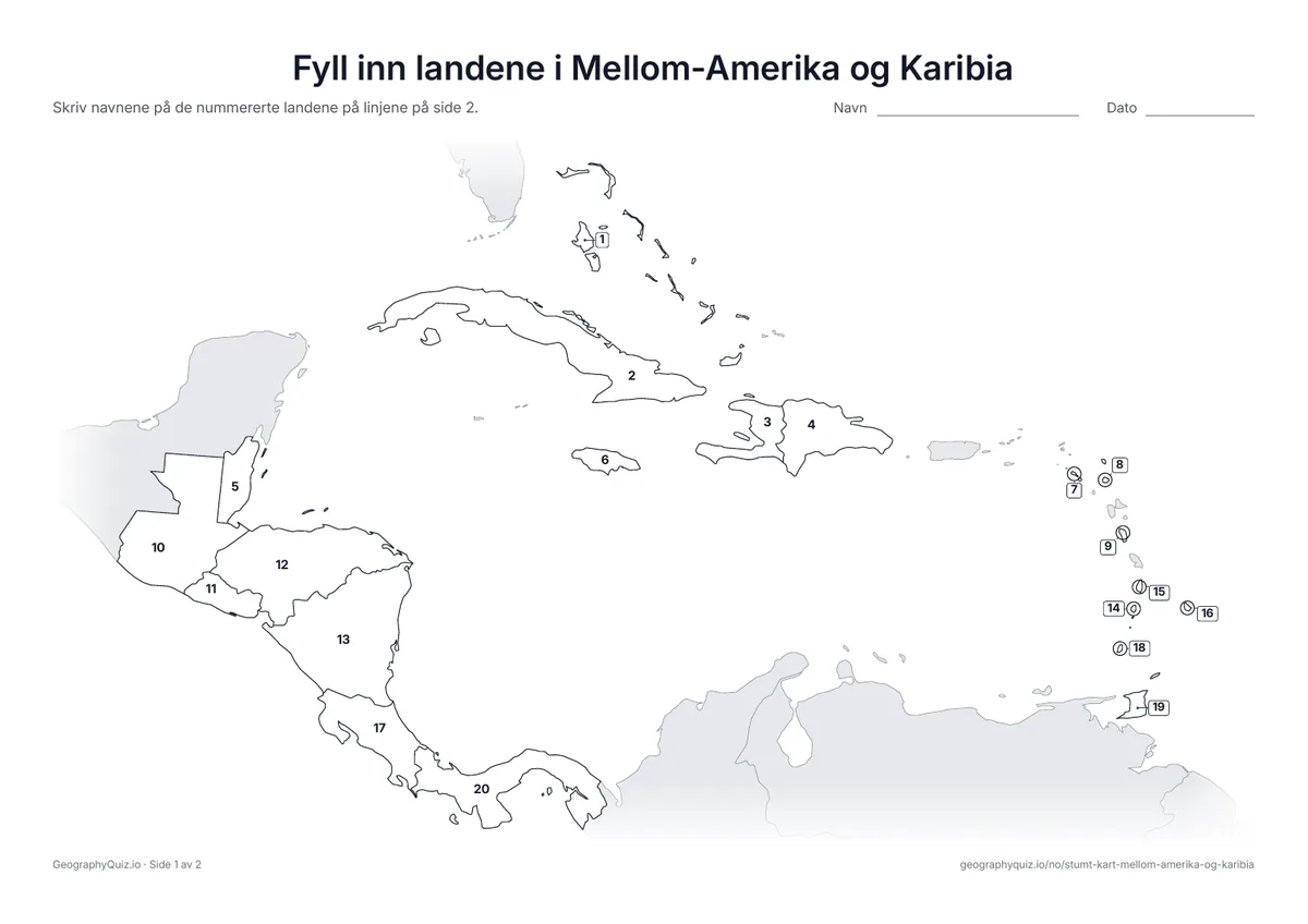 Forhåndsvisning av arbeidsarket «Fyll inn landene i Mellom-Amerika og Karibia» til utskrift: Alle 20 land er nummerert