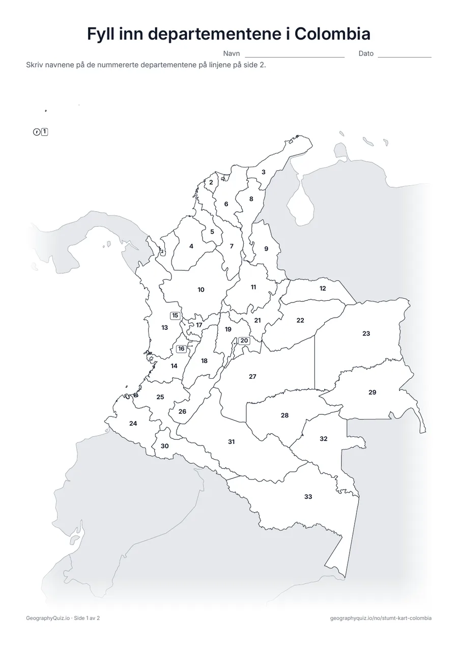 Forhåndsvisning av arbeidsarket «Fyll inn departementene i Colombia» til utskrift: Alle 32 departementer og Bogotá er nummerert