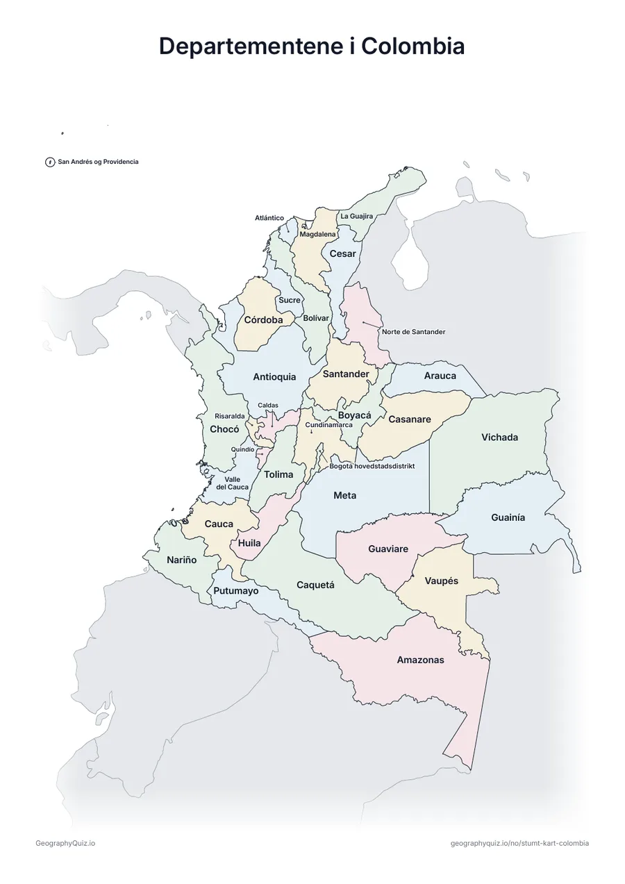 Forhåndsvisning av arbeidsarket «Departementene i Colombia» til utskrift: Et kart over Colombia med alle navnene skrevet ut – et oversiktsark til undervisningen og til å rette svarene