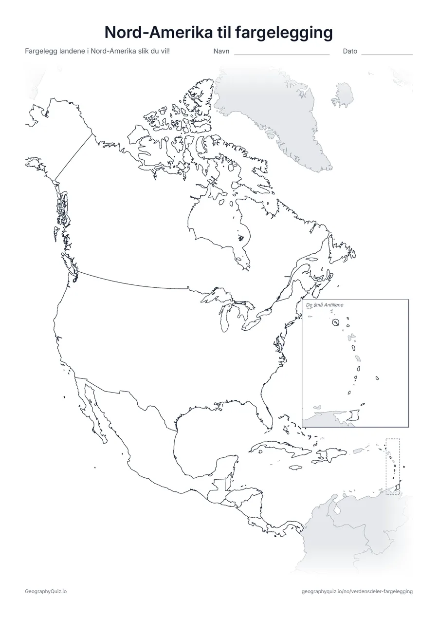 Forhåndsvisning av arbeidsarket «Nord-Amerika til fargelegging» til utskrift: Et kart over Nord-Amerika, fra Canada til Panama og Karibia, med alle land