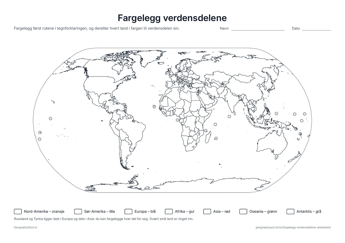 Forhåndsvisning av arbeidsarket: stumt kart – Fargelegg verdensdelene