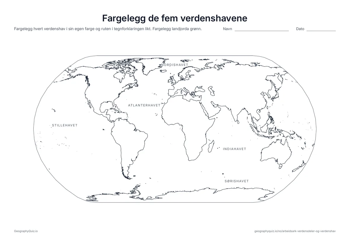 Forhåndsvisning av arbeidsarket «Fargelegg de fem verdenshavene» til utskrift: De fem verdenshavene har navnene sine på kartet