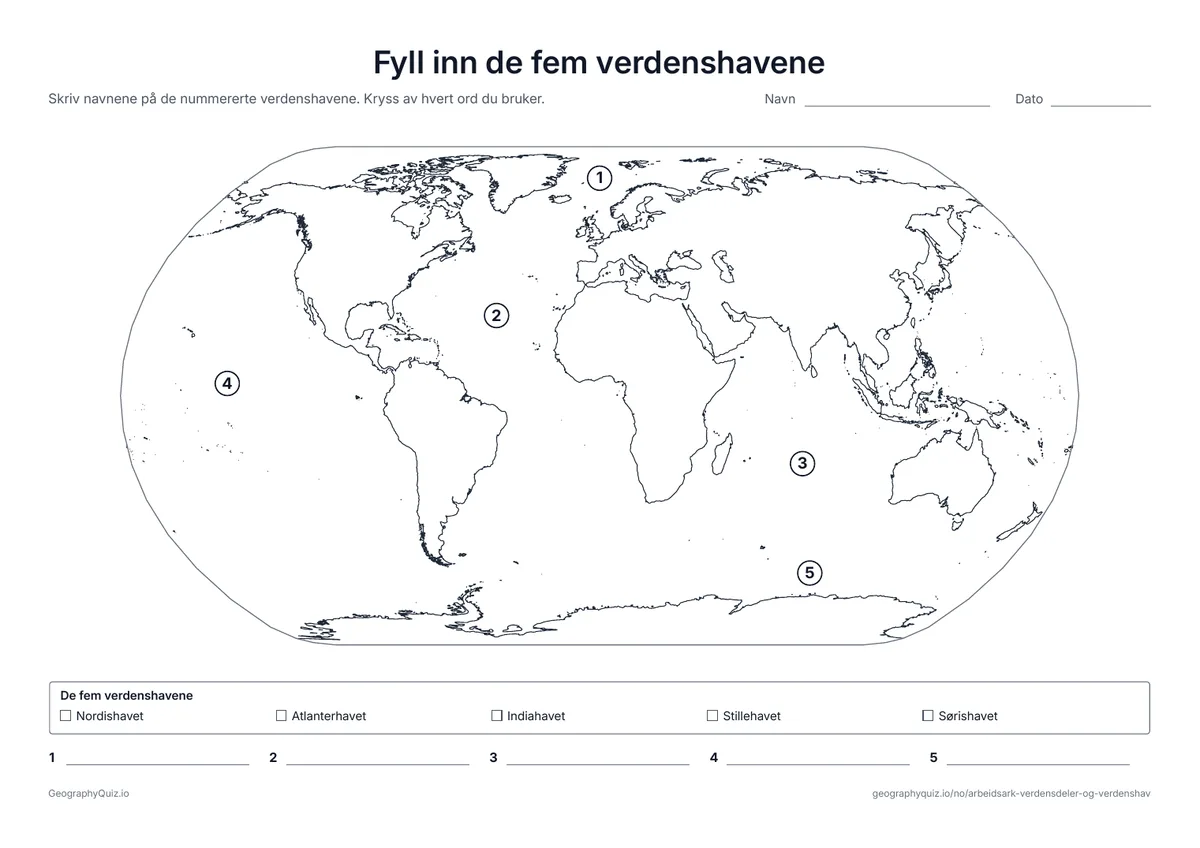 Forhåndsvisning av arbeidsarket «Fyll inn de fem verdenshavene» til utskrift: De fem verdenshavene nummerert på et verdenskart, med ordliste og en skrivelinje for hvert