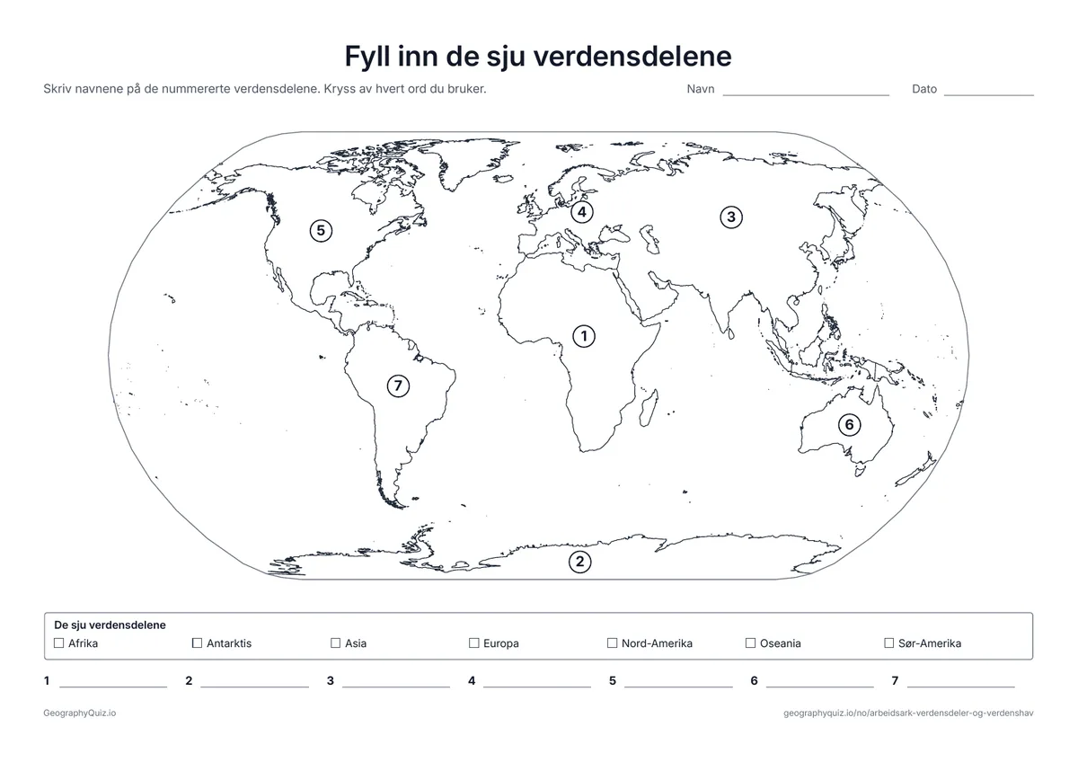 Forhåndsvisning av arbeidsarket «Fyll inn de sju verdensdelene» til utskrift: De sju verdensdelene nummerert på et verdenskart, med ordliste og en skrivelinje for hver