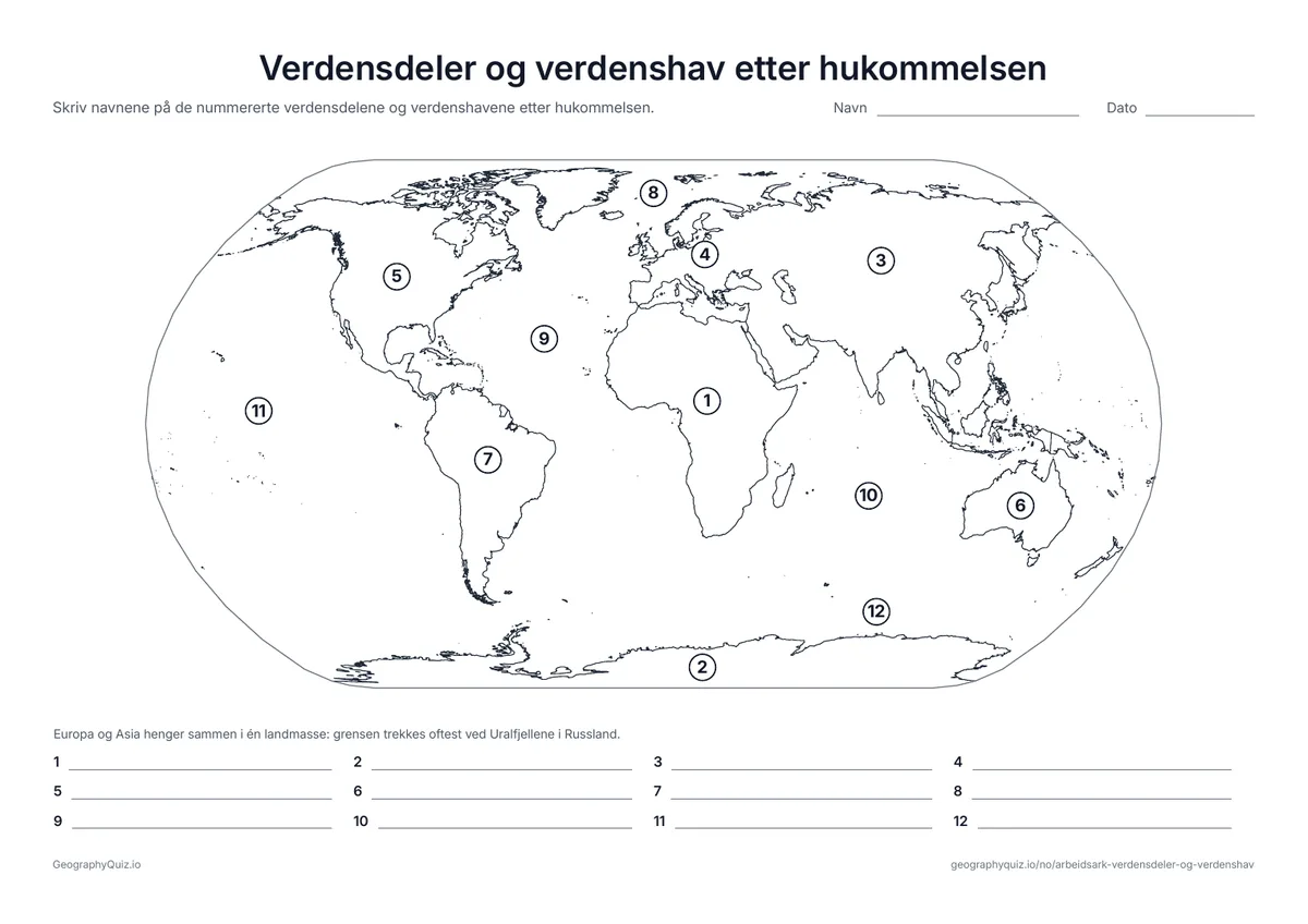 Forhåndsvisning av arbeidsarket «Verdensdeler og verdenshav etter hukommelsen» til utskrift: De samme tolv numrene uten ordliste – en rask sjekk av hva som har festet seg