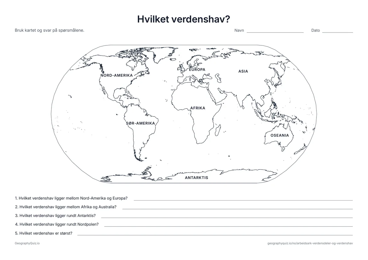 Forhåndsvisning av arbeidsarket «Hvilket verdenshav?» til utskrift: Verdensdelene har navnene sine på kartet