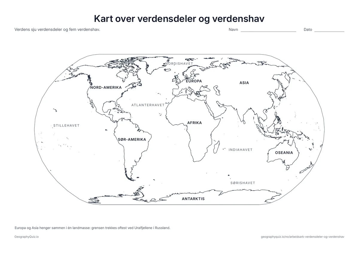 Forhåndsvisning av arbeidsarket «Kart over verdensdeler og verdenshav» til utskrift: Et verdenskart med alle de sju verdensdelene og fem verdenshavene skrevet ut – en mal til undervisning og retting