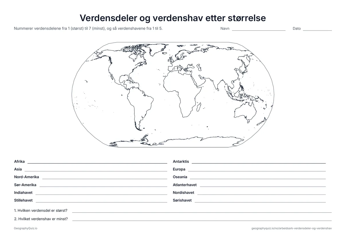Forhåndsvisning av arbeidsarket «Verdensdeler og verdenshav etter størrelse» til utskrift: Verdensdelene nummereres fra den største til den minste, så verdenshavene; to spørsmål hører med