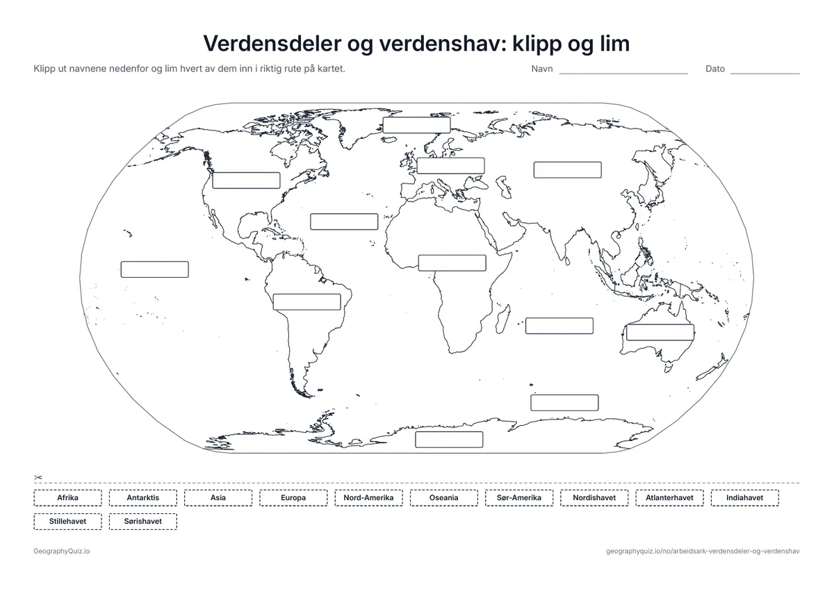 Forhåndsvisning av arbeidsarket «Verdensdeler og verdenshav: klipp og lim» til utskrift: Tolv tomme ruter på kartet og tolv navn å klippe ut og lime inn – et formingsark for de yngste