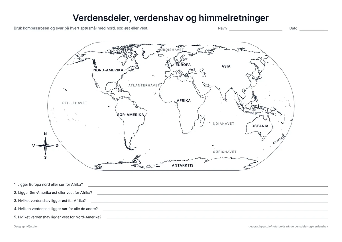 Forhåndsvisning av arbeidsarket «Verdensdeler, verdenshav og himmelretninger» til utskrift: Et verdenskart med navn og kompassrose