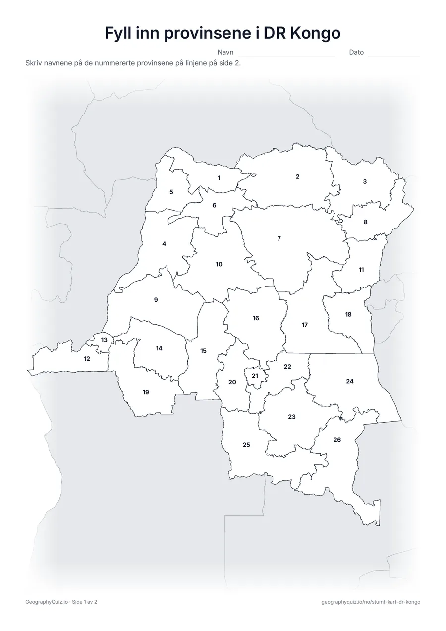 Forhåndsvisning av arbeidsarket «Fyll inn provinsene i DR Kongo» til utskrift: Alle 25 provinser og byen Kinshasa er nummerert