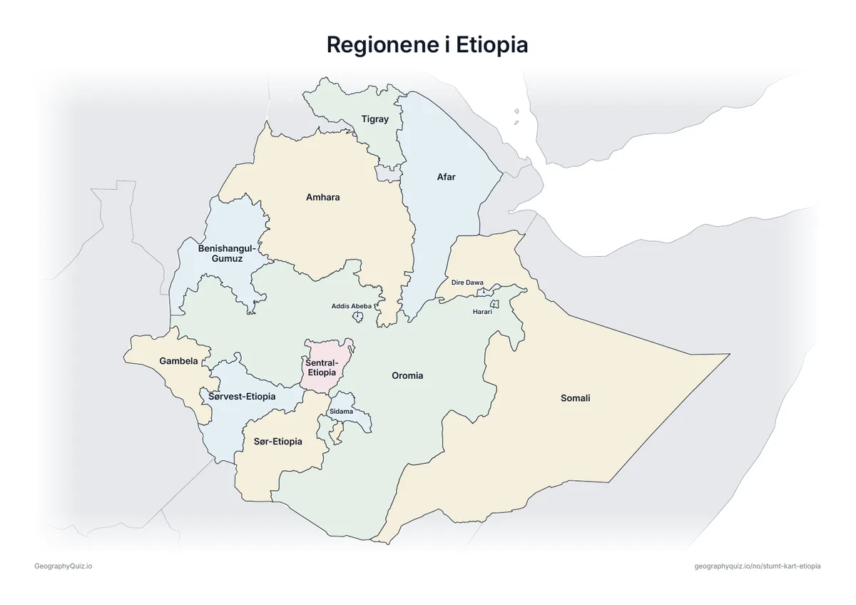 Forhåndsvisning av arbeidsarket «Regionene i Etiopia» til utskrift: Et kart over Etiopia med alle navnene skrevet ut – et oversiktsark til undervisningen og til å rette svarene