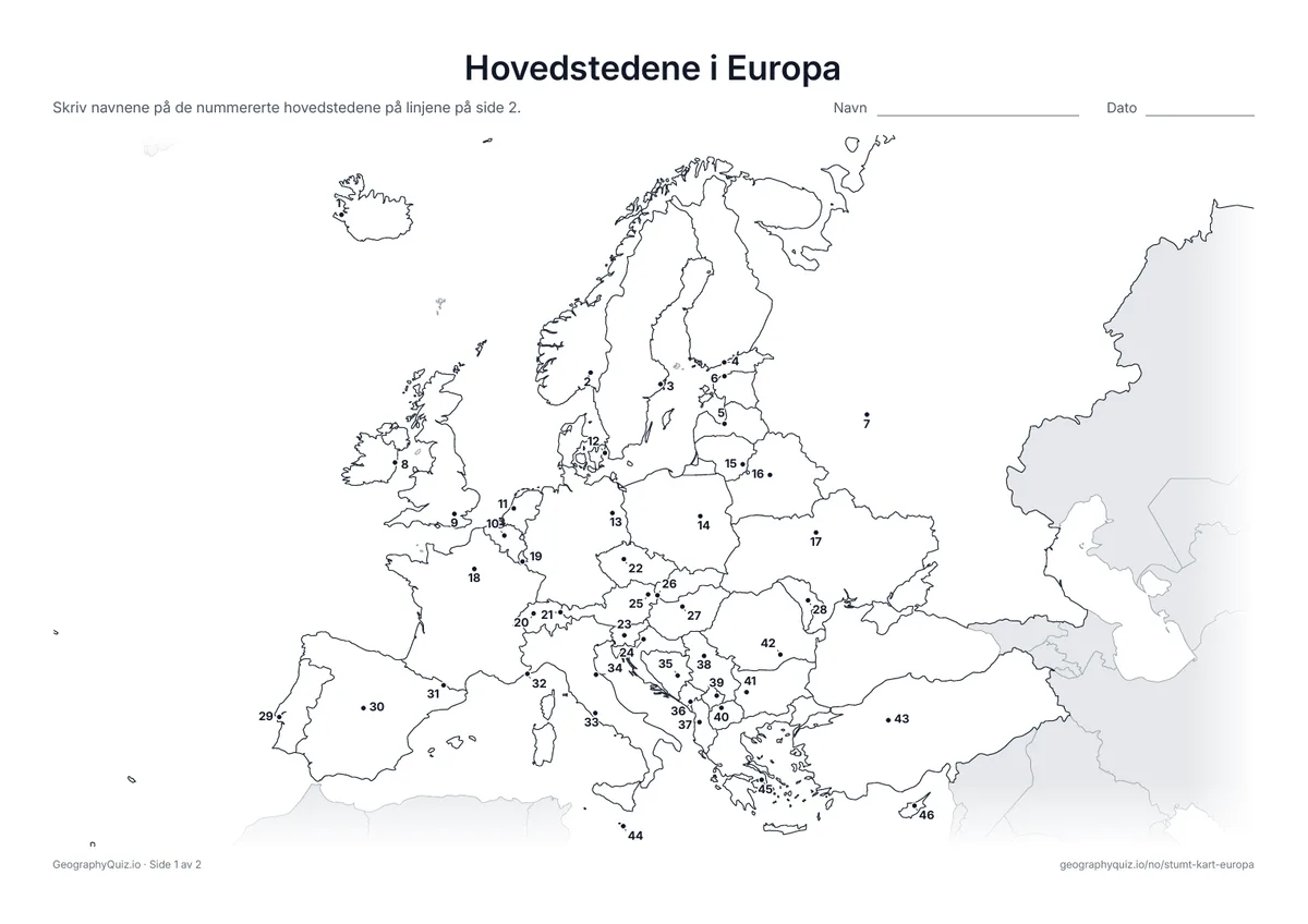 Forhåndsvisning av arbeidsarket «Hovedstedene i Europa» til utskrift: Hver hovedstad er markert med et nummerert punkt