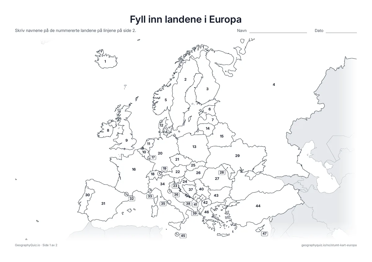 Forhåndsvisning av arbeidsarket «Fyll inn landene i Europa» til utskrift: Hvert land i Europa har et nummer
