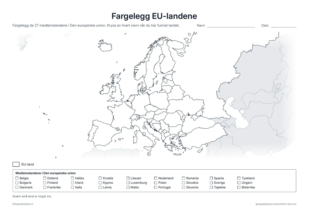 Forhåndsvisning av arbeidsarket «Fargelegg EU-landene» til utskrift: Et stumt kart over Europa med en liste over de 27 EU-landene å krysse av