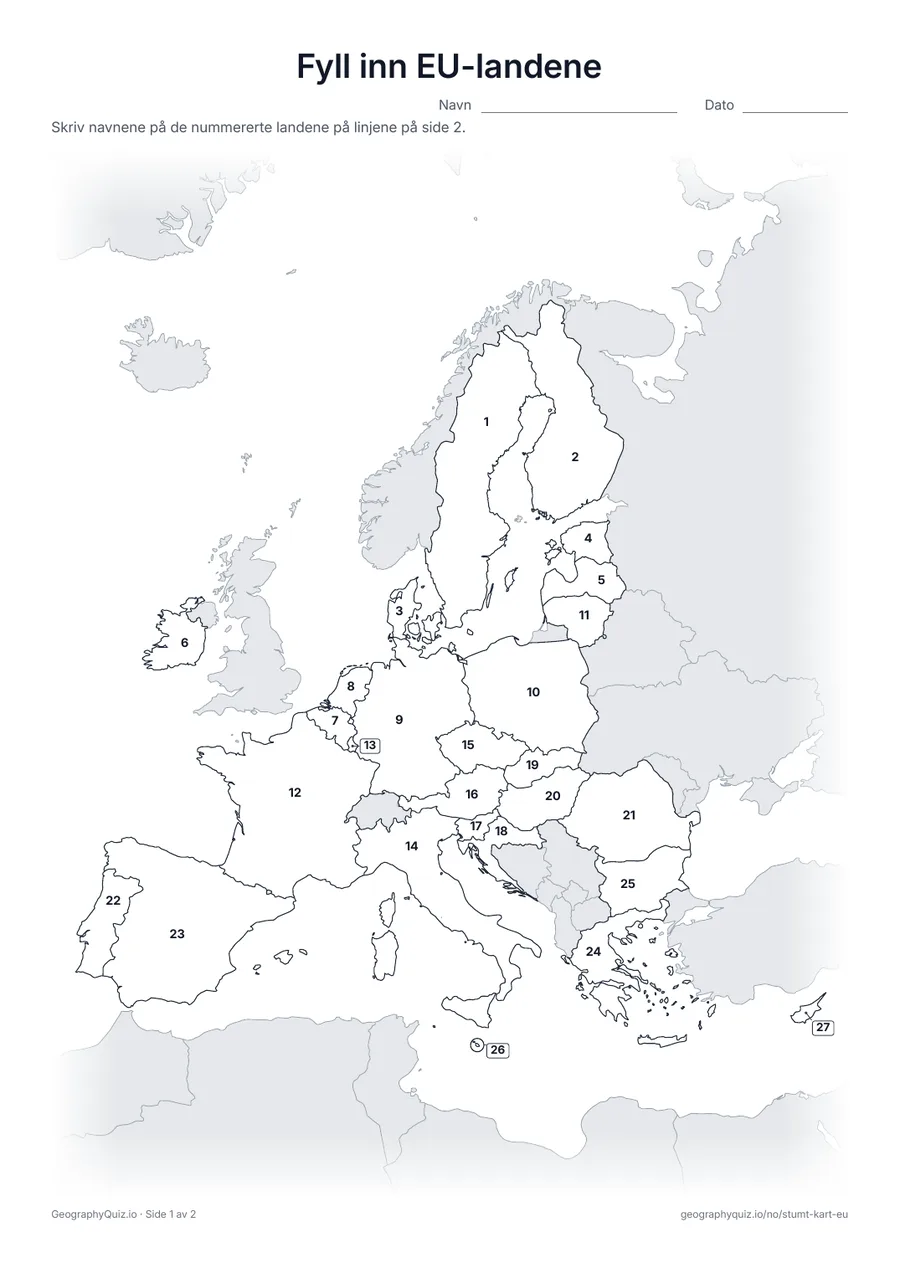 Forhåndsvisning av arbeidsarket «Fyll inn EU-landene» til utskrift: Alle 27 land er nummerert