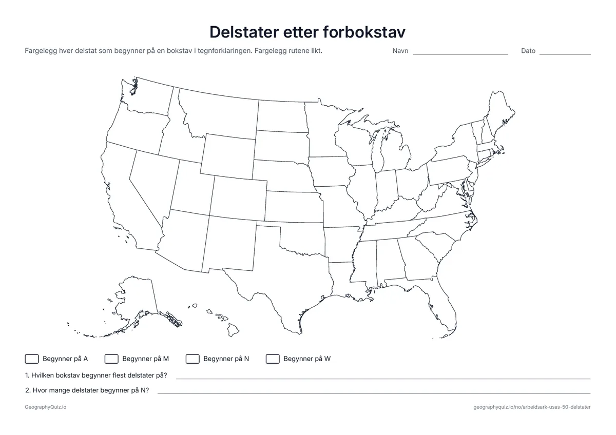Forhåndsvisning av arbeidsarket «Delstater etter forbokstav» til utskrift: Alle delstatene som begynner på A, M, N eller W, fargelegges etter tegnforklaringen og telles