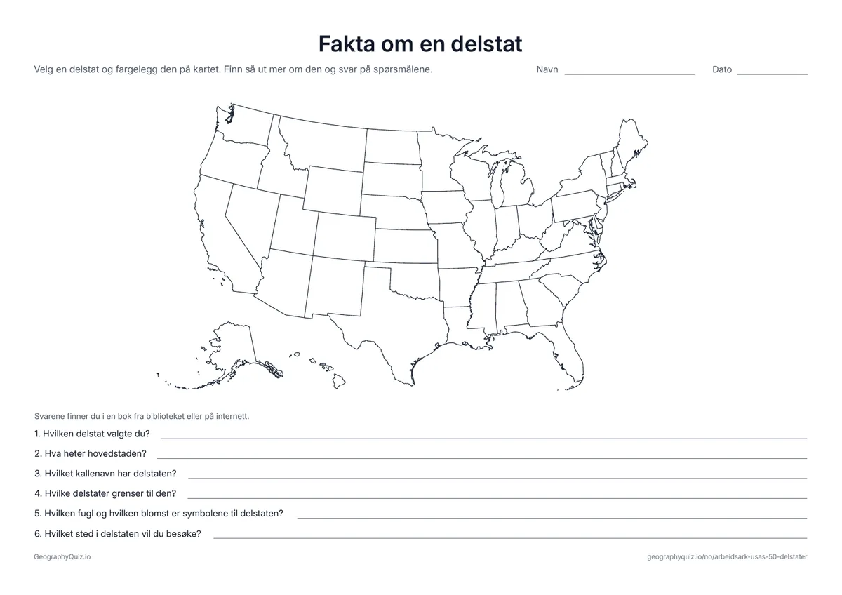 Forhåndsvisning av arbeidsarket «Fakta om en delstat» til utskrift: Velg en delstat, fargelegg den på kartet og skriv ned hovedstad, kallenavn, naboer, delstatsfugl og delstatsblomst