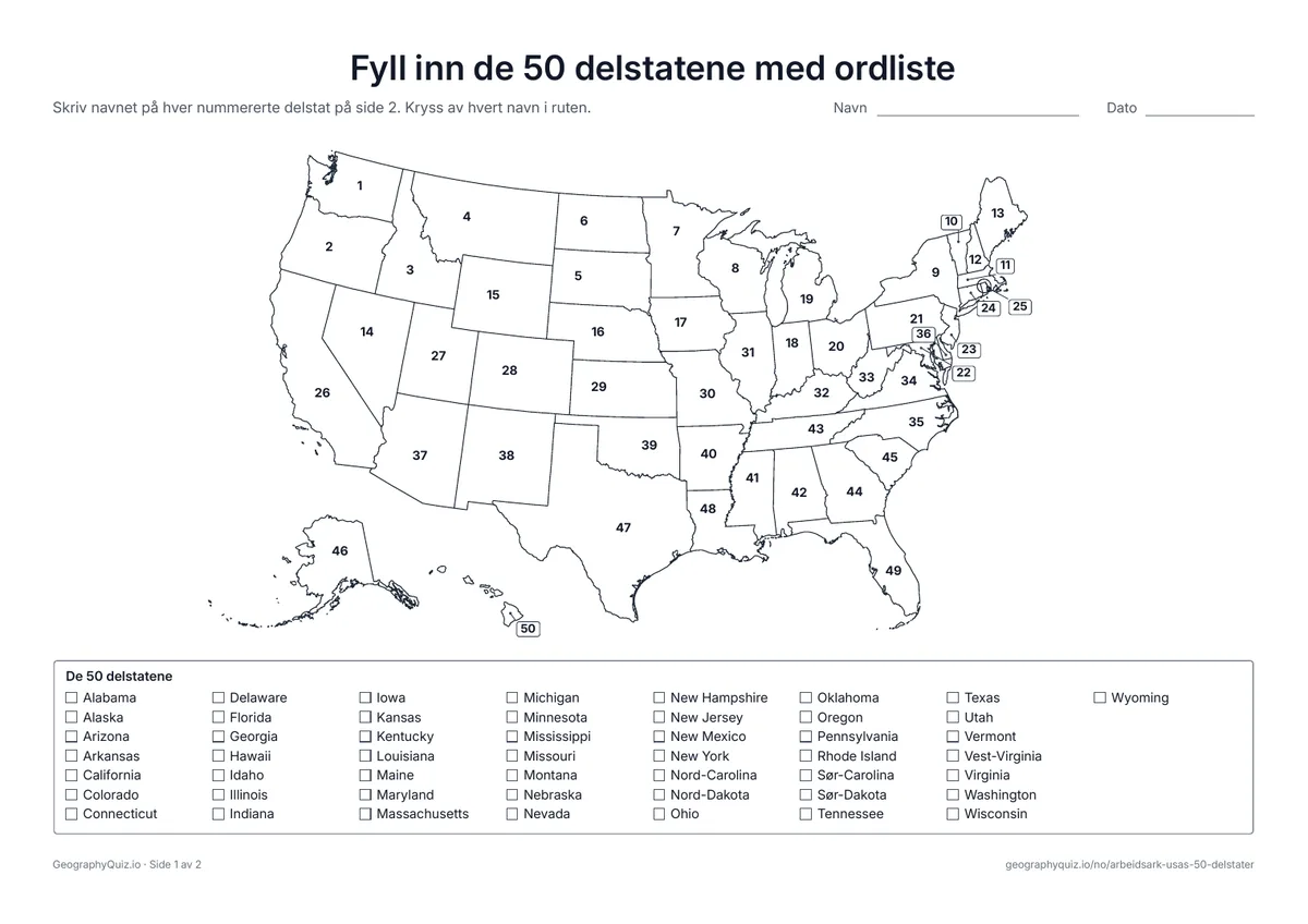 Forhåndsvisning av arbeidsarket «Fyll inn de 50 delstatene med ordliste» til utskrift: Hver delstat er nummerert