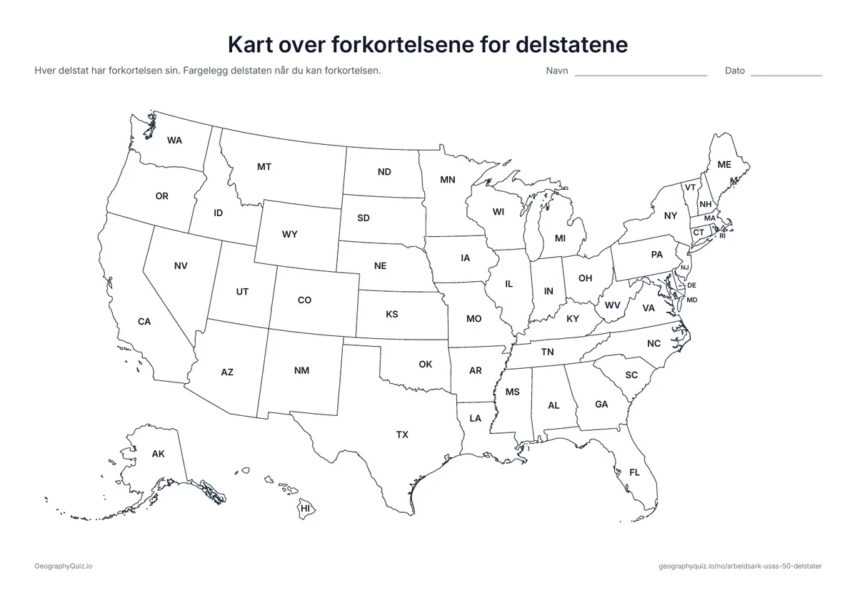 Forhåndsvisning av arbeidsarket «Kart over forkortelsene for delstatene» til utskrift: Hver delstat med forkortelsen sin på to bokstaver, fra AL til WY