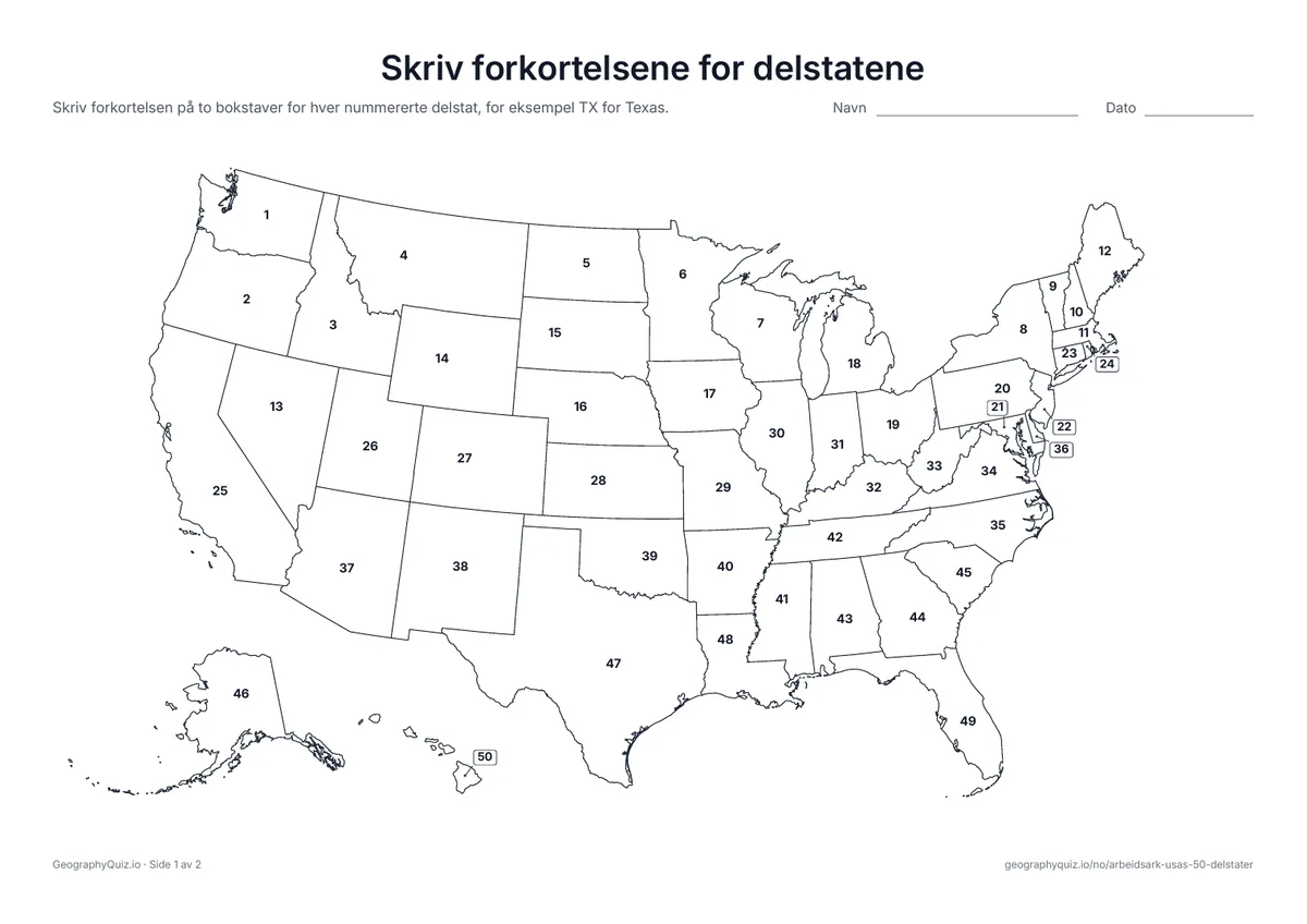 Forhåndsvisning av arbeidsarket «Skriv forkortelsene for delstatene» til utskrift: Delstatene er nummerert