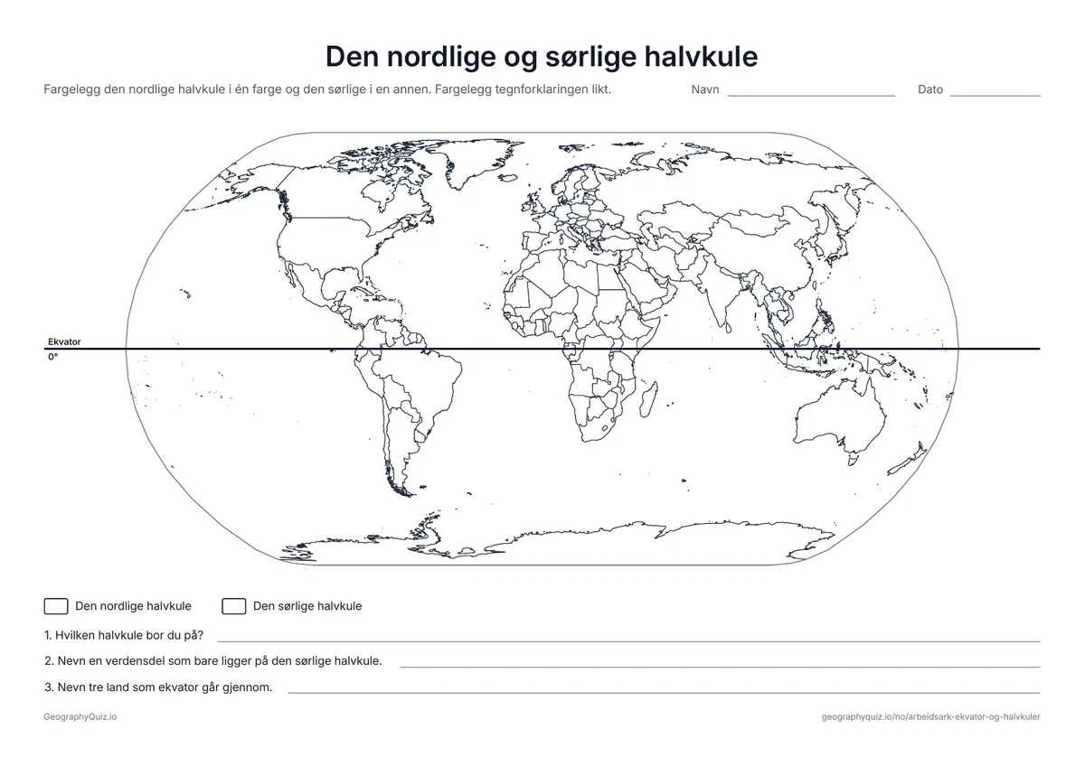 Forhåndsvisning av arbeidsarket «Den nordlige og sørlige halvkule» til utskrift: Et verdenskart med ekvator tegnet inn