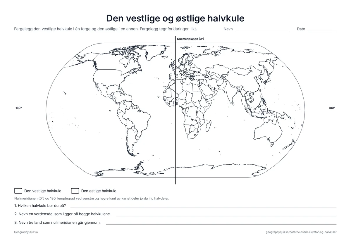 Forhåndsvisning av arbeidsarket «Den vestlige og østlige halvkule» til utskrift: Et verdenskart med nullmeridianen tegnet inn