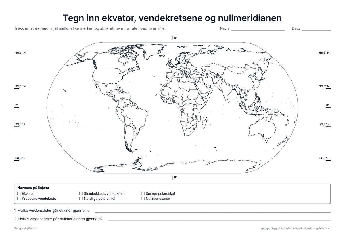 Forhåndsvisning av arbeidsarket: stumt kart – Ekvator og halvkulene