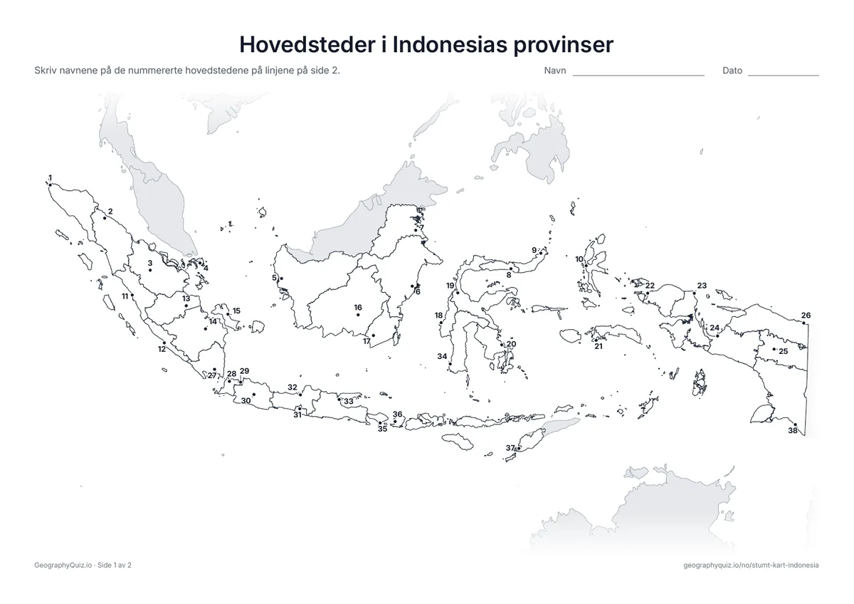 Forhåndsvisning av arbeidsarket «Hovedsteder i Indonesias provinser» til utskrift: Hver hovedstad er markert med et nummerert punkt