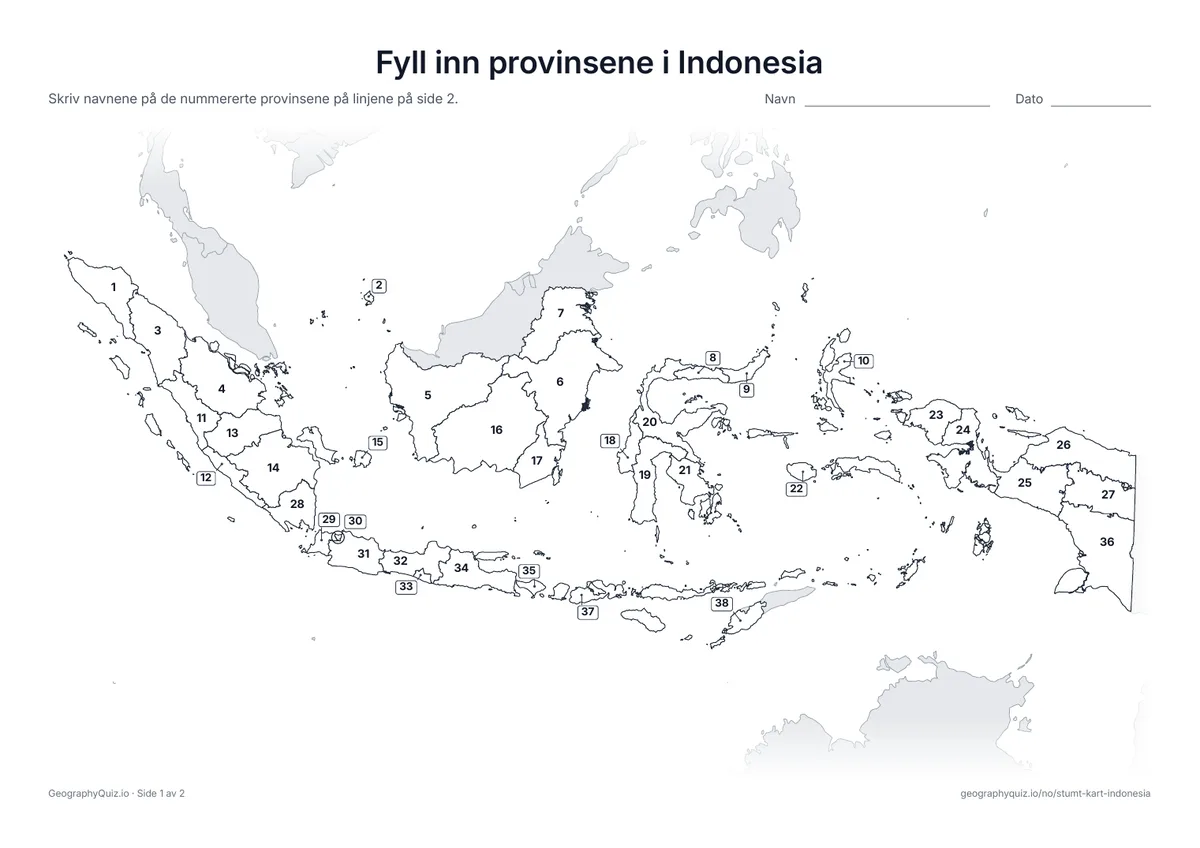 Forhåndsvisning av arbeidsarket «Fyll inn provinsene i Indonesia» til utskrift: Alle 38 provinser er nummerert