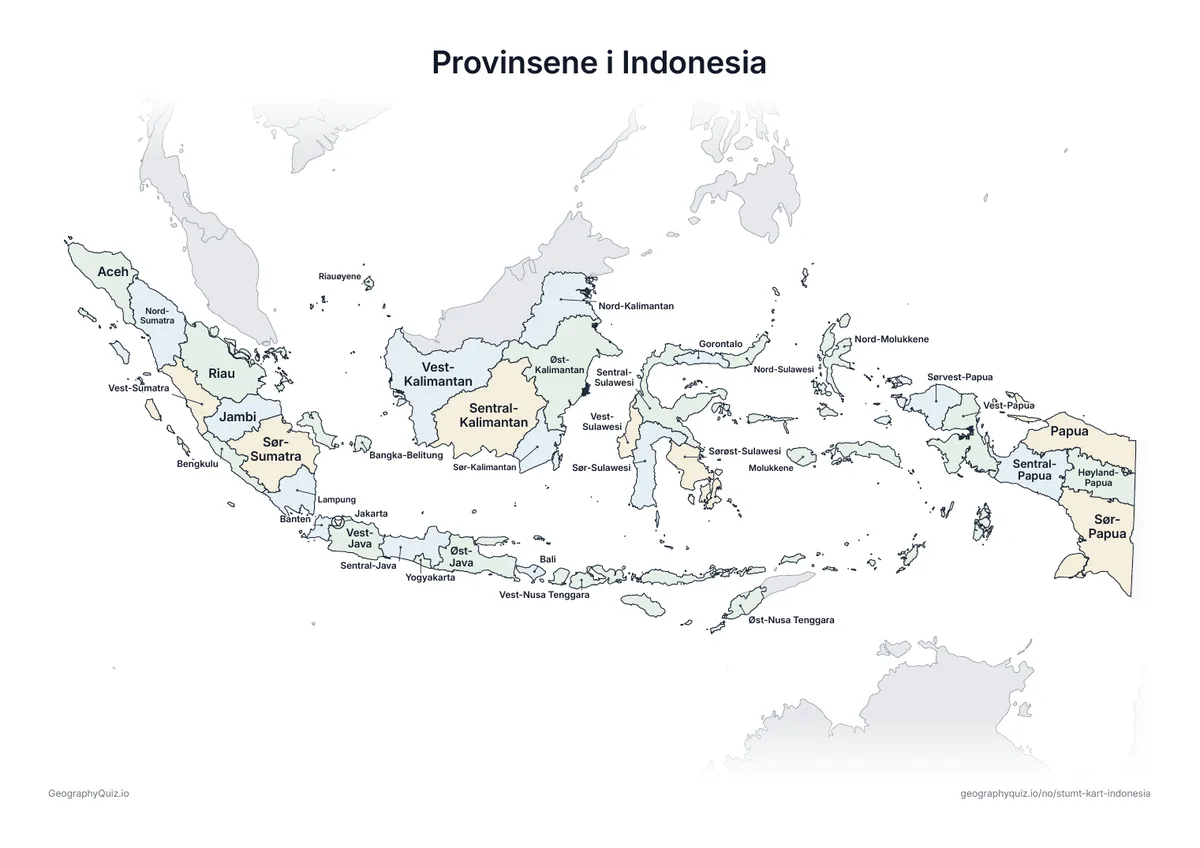 Forhåndsvisning av arbeidsarket «Provinsene i Indonesia» til utskrift: Et kart over Indonesia med alle navnene skrevet ut – et oversiktsark til undervisningen og til å rette svarene