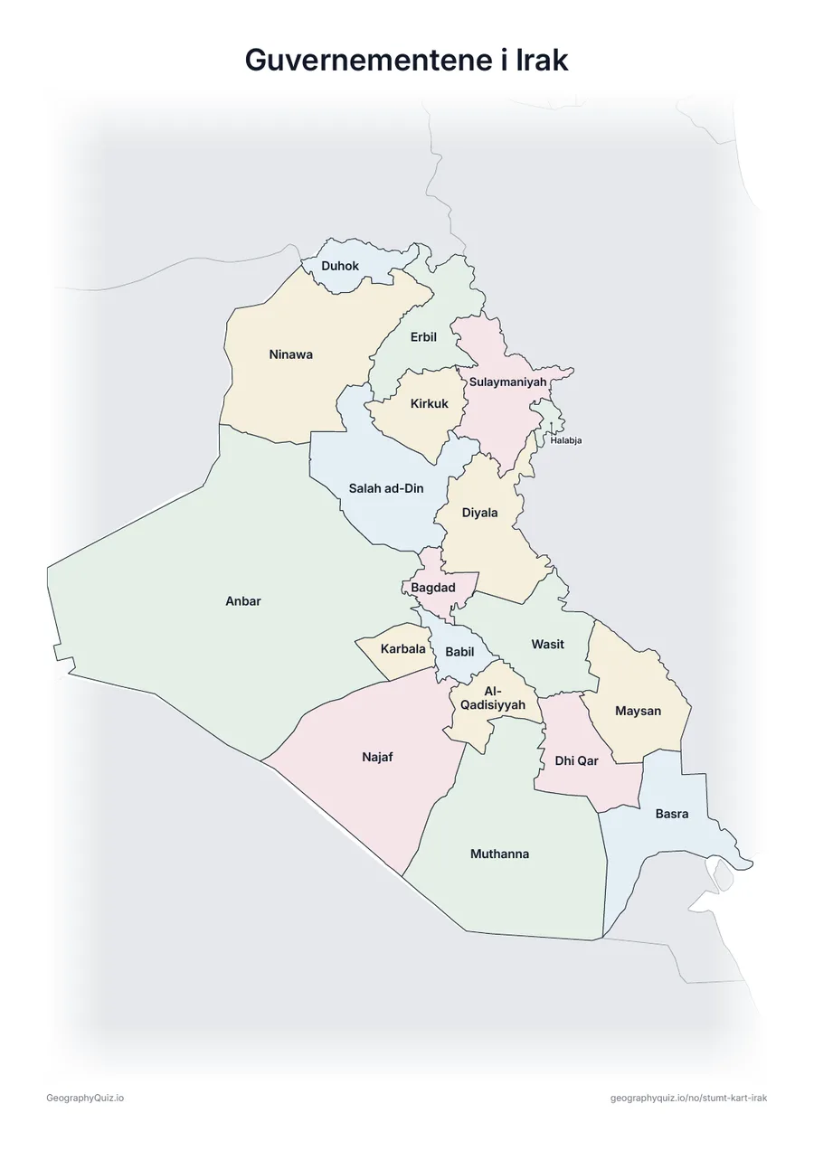 Forhåndsvisning av arbeidsarket «Guvernementene i Irak» til utskrift: Et kart over Irak med alle navnene skrevet ut – et oversiktsark til undervisningen og til å rette svarene