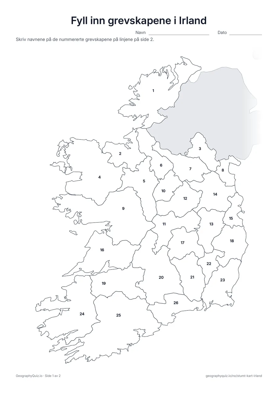 Forhåndsvisning av arbeidsarket «Fyll inn grevskapene i Irland» til utskrift: Alle 26 grevskap er nummerert