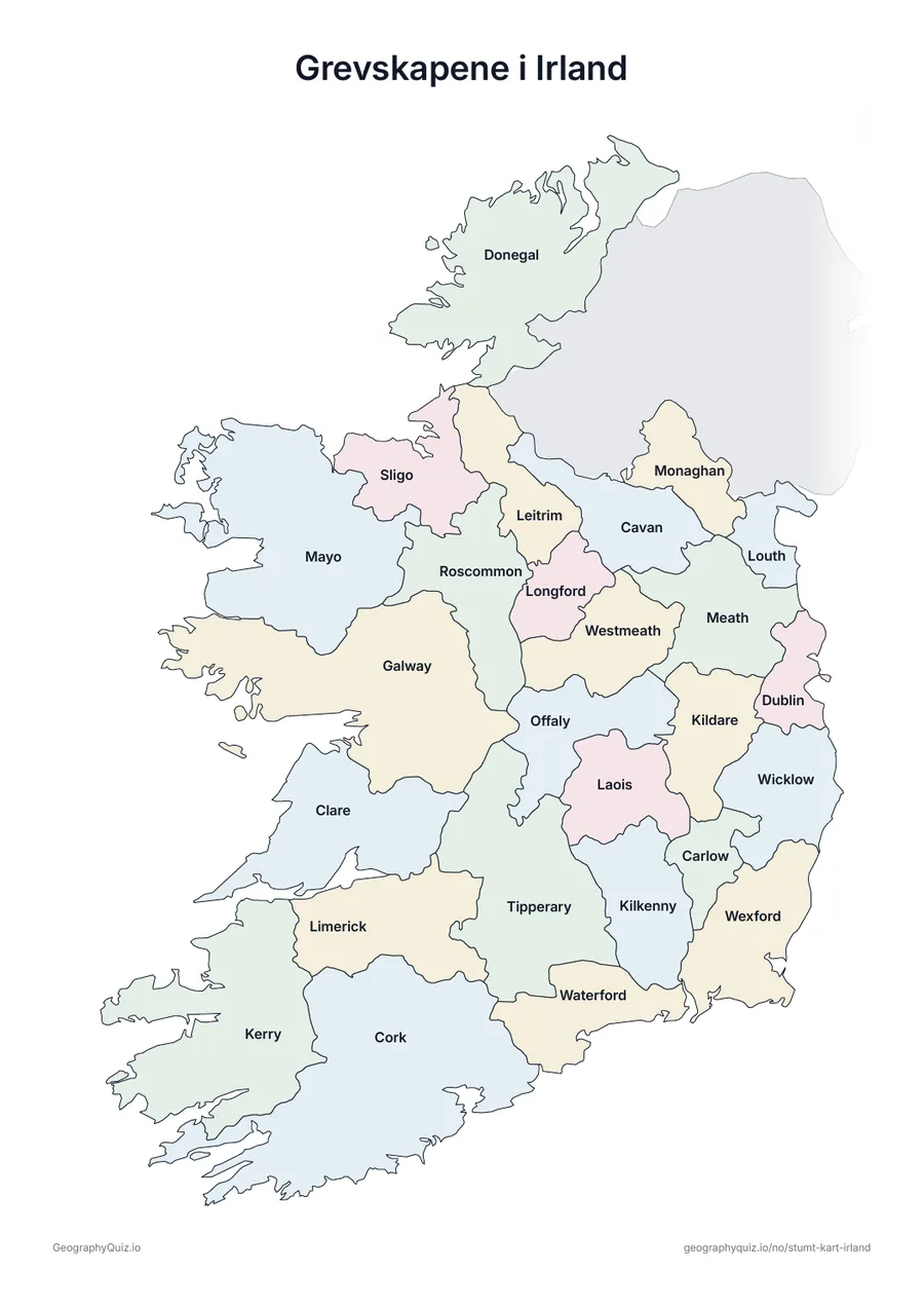 Forhåndsvisning av arbeidsarket «Grevskapene i Irland» til utskrift: Et kart over Irland med alle navnene skrevet ut – et oversiktsark til undervisningen og til å rette svarene